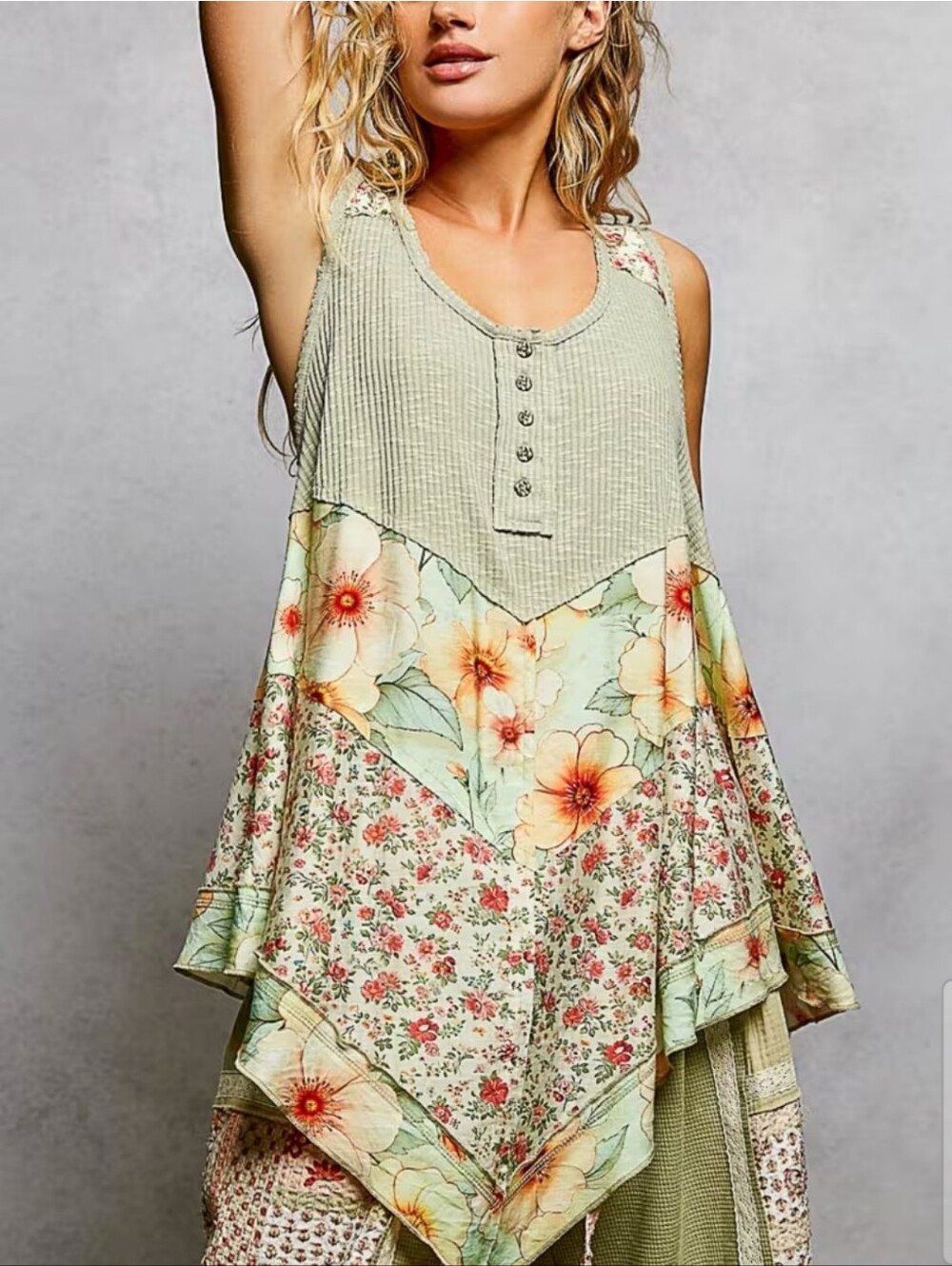 318. POL Floral Patchwork Tank Top - Sage Green